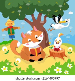 Fox reading book, chicken blow on dandelion. Vector color illustration. Picture for design of posters, books, puzzles. 