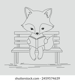 Fox Reading Book on Bench Cute Line Drawing