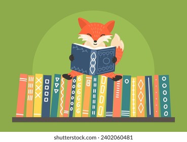 Fox reading book on bookshelf. Children library, bookstore, education concept.