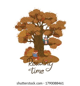 The fox is reading a book under the autumn tree and the inscription Reading time. Vector graphics.