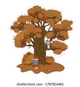 The fox is reading a book under a tree. Autumn mood. Vector graphics.