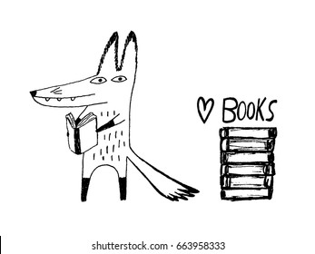 Fox reading books. Hand drawn vector illustration