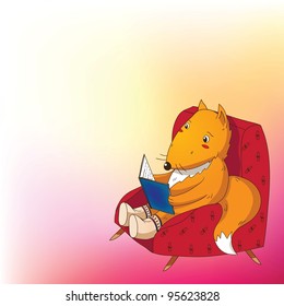 Fox reads book at cozy armchair