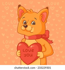 Fox with red bow and heart on pink background