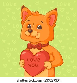 Fox with red bow and heart on green background