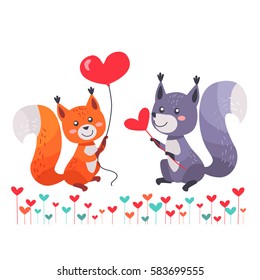 Fox with red heart shaped balloon in paws isolated on white. Grey squirrel with heart on stick. Sexy vixen and squirrel couple lovers with bushy tails. Valentines day concept vector in flat style