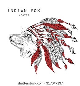 Fox in the red indian roach. Indian feather headdress of eagle