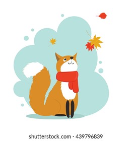 Fox in a red scarf sitting and watching falling multicolored leaves in an autumn wind, single composition in a light blue frame on a white background. Vector illustration.