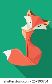 Fox. Red Fox in the style of origami. Fox can use logo or icon. Vector Origami Fox. Paper fox on green background.