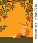 Fox redhead orange autumn forest tree and leaves apples green vector illustration art design cartoon