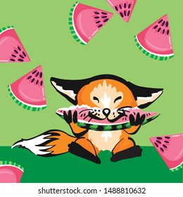 Fox redhead orange green background with watermelon vector art illustration food eat animal cartoon