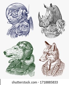 Fox and Rhino dressed up in Suit. Cat and Polar bear. Astronaut or Spaceman. Fashion Animal characters set. Hand drawn sketch. Vector engraved illustration for label, logo and T-shirts or tattoo.