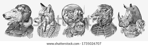 Fox and Rhino dressed up in Suit. Cat astronaut\
or Spaceman. Lion and Polar bear. Fashion Animal characters set.\
Hand drawn sketch. Vector engraved illustration for label, logo and\
T-shirts or tattoo.