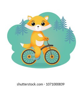 The fox rides a bicycle. Vector stock illustration. Children's drawing in cartoon style. Lovely funny image. It can be used for design of a notebook, cover, book, educational activities, journal