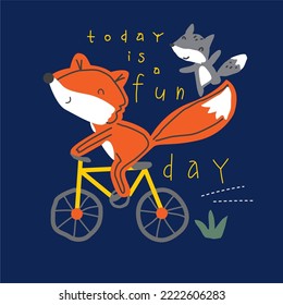 Fox riding bicycle illustration. Cute fox clipart. Vector fox on the bike isolated on navy background