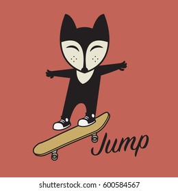 Fox riding a skateboard. Happy skateboarding. Young skater riding a skateboard. Sports jumping with skateboard. Vector illustration