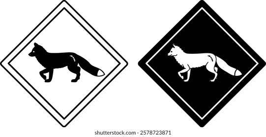 Fox Road Signs. Black and White Vector Icons. Road Sign Warning about Crossing the Road by Animals. Sticker for Zoo