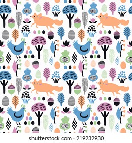 Fox and rooster seamless pattern. Vector illustration.