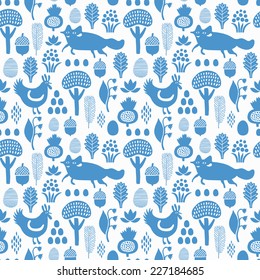 Fox and rooster seamless pattern. Vector illustration. 