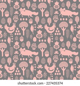 Fox and rooster seamless pattern. Vector illustration. 