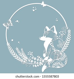 Fox in a round frame, with patterns, flowers, butterflies. Template for laser, plotter cutting, and screen printing. The pattern for the mirrors and panela.