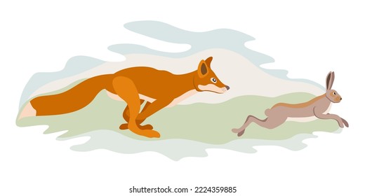 Fox running after hare. Concept of hunting. Wildlife. Vector isolated illustration.