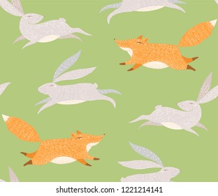 Fox running after two hares pattern. Vector cute hand drawn wild animals seamless background. Children animal design wallpapers. Happy easter illustration.