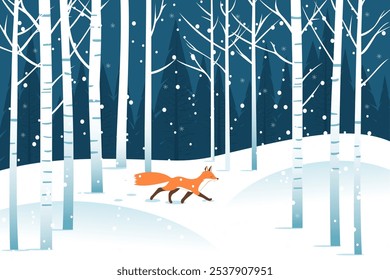 Fox runs through the winter forest among the trees. Winter snowy forest with large snowdrifts in snowy weather. Winter vector illustration.