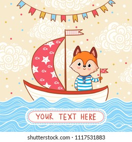 A fox sails on a festive sailboat by the sea. Vector illustration in cartoon style with place for text.