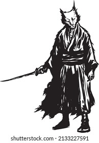 fox samurai with sword in black