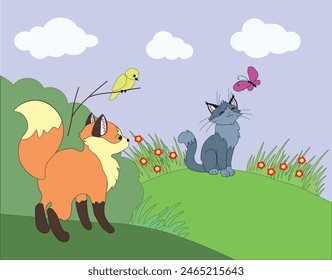 the fox saw a cat sitting in a clearing