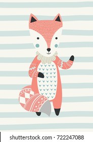 Fox in a Scandinavian style. Vector illustration. Funny, cute poster.