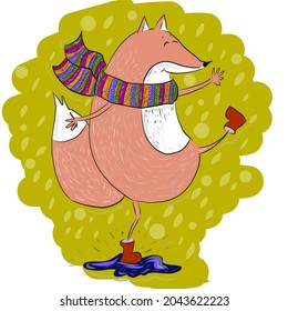 a fox in a scarf and boots walks through the puddles