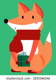 Fuchs in einem Schal mit einem Geschenk in den Händen. Cute-Bild mit Weihnachtsthema