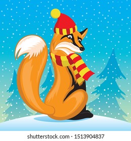 Fox with a scarf sits on a background of winter nature.