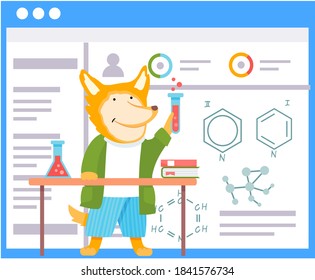 A fox schoolboy with test tube in hands in chemistry class. Funny cartoon animal student. Smart active pupil is making experiments in a chemistry lab in the classroom. Back to school, education theme