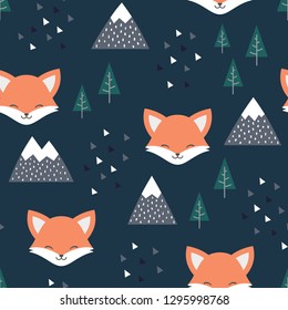 Fox Seamless Pattern Background, Scandinavian Happy cute fox in the forest between mountain tree and cloud, cartoon fox vector illustration for kids nordic background with triangle dots