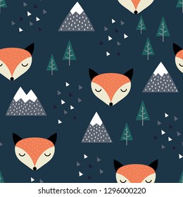 Fox Seamless Pattern Background, Scandinavian Happy cute fox in the forest between mountain tree and cloud, cartoon fox vector illustration for kids nordic background with triangle dots