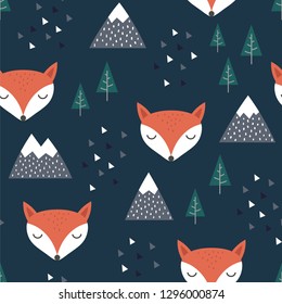 Fox Seamless Pattern Background, Scandinavian Happy cute fox in the forest between mountain tree and cloud, cartoon fox vector illustration for kids nordic background with triangle dots