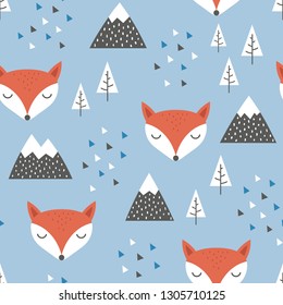 Fox Seamless Pattern Background, Scandinavian Happy cute fox in the forest between mountain tree and cloud, cartoon fox vector illustration for kids nordic background with triangle dots