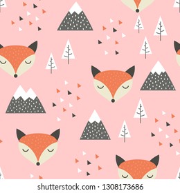 Fox Seamless Pattern Background, Scandinavian Happy cute fox in the forest between mountain tree and cloud, cartoon fox vector illustration for kids nordic background with triangle dots