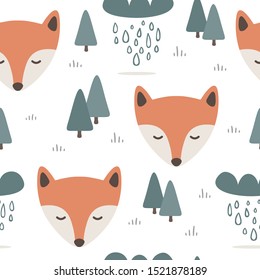 Fox seamless pattern background, Sleepy cute bear in the woodland forest, Vector illustration