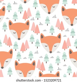 Fox seamless pattern background, Sleepy cute bear in the woodland forest, Vector illustration