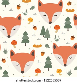 Fox seamless pattern background,  in the woodland forest, Vector illustration