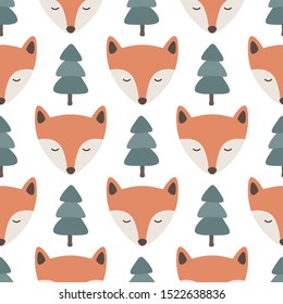 Fox seamless pattern background,  in the woodland forest, Vector illustration