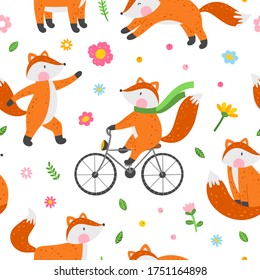 Fox Seamless Pattern. Cute Foxes Vector Background. Kids Animal Clipart Digital Paper