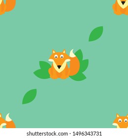 Fox seamless pattern for fabrics, cards. Cute fox sits with leaves. Vector flat illustration.