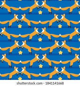 Fox seamless pattern. Flat vector stock illustration. Fox, star-like blue texture. Baby pattern with a fox. Illustration, pattern with a cute animal character. For printing on fabrics, textiles, paper