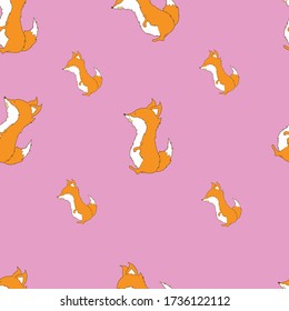 Fox seamless pattern on lilac pink background. Fox character for kids. Cute baby fox illustration. Pattern for wrapping paper,wallpaper,
linens,kids fashion.
