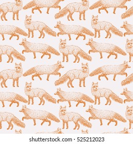 Fox seamless pattern sketch. Hand drawn vector illustration.